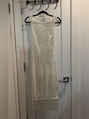Reformation Ivory Sequin Fringe Midi Dress